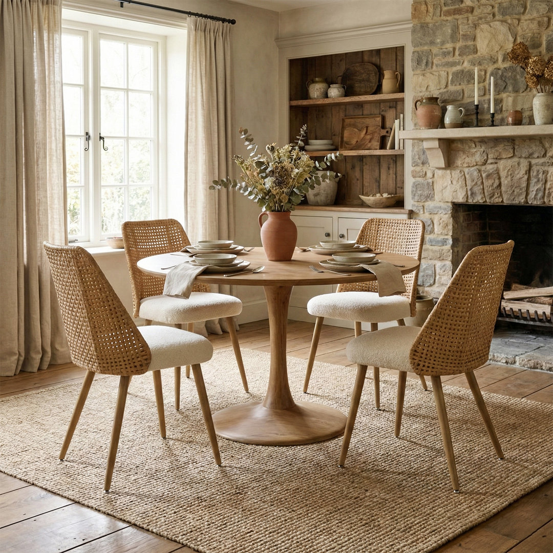 19.5" Seat Height Boucle Rattan Back Dining Chair